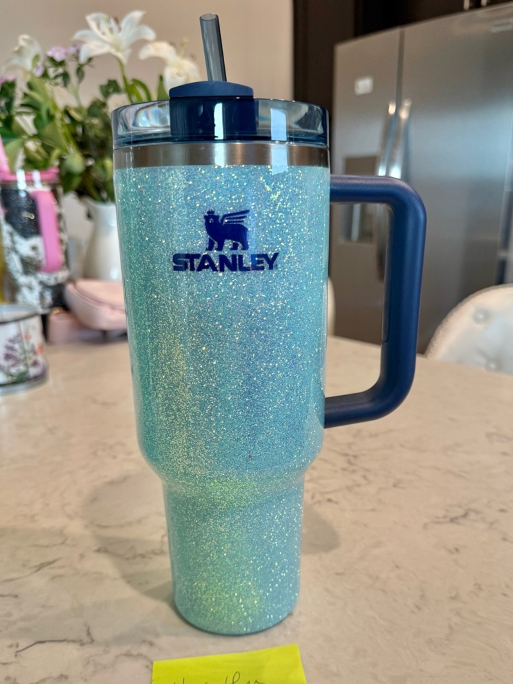 Stanley Glitter Aqua Travel Tumbler with Navy Handle